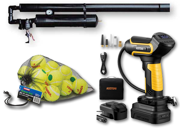 Tennis ball launcher with air compressor and accessories